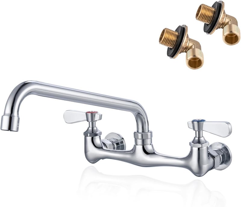 Phivan 8 Inch Center Wall Mount Commercial Sink Faucet - 10" Swivel Spout Dual Handle Chrome Brass Commercial Faucet for Restaurant/Laundry/Utility Room Kitchen Sinks, Includes 90 Degree Adapters - Image 1